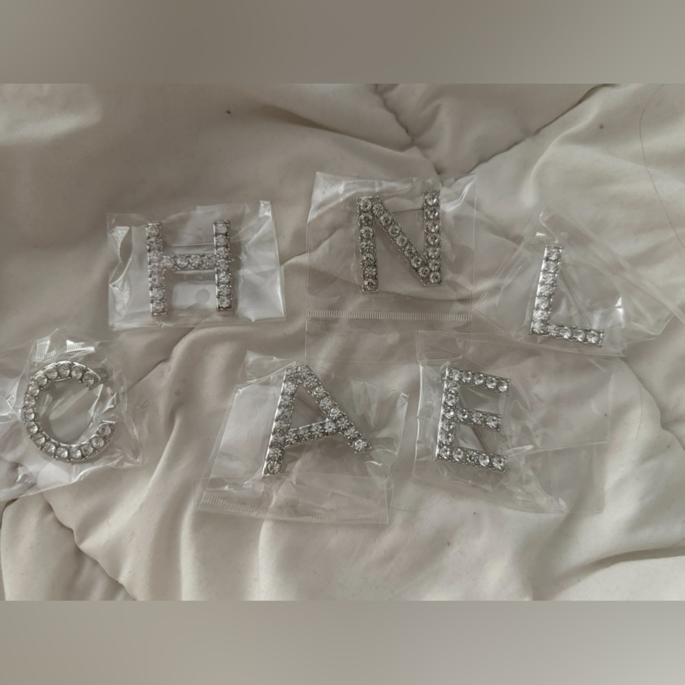 Crystal Letter Brooch Set Silver Rhinestone Pins C H A N E L NWT